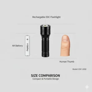 Size comparison of a compact rechargeable edc flashlight against a standard battery.