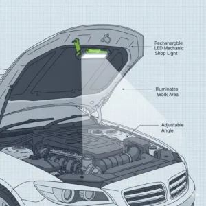 Portable rechargeable LED mechanic shop lights attached to a car hood for engine work.