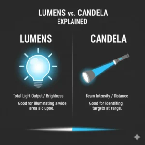 Educational graphic explaining lumens and candela performance for the best ar15 light.