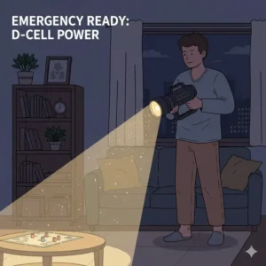 Illustration 3: A lifestyle scene showing the best d battery flashlight providing light during a home power outage.