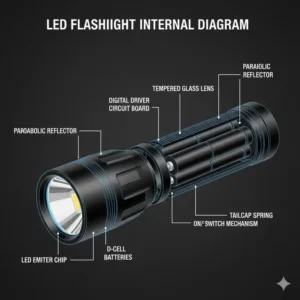 Technical cutaway diagram of the internal components of the best d battery led flashlight.