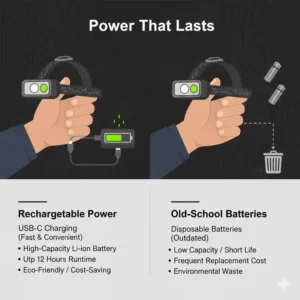 Infographic comparing USB-C charging and battery life of the best headlamp for mechanics for long work shifts.