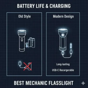 Graphic displaying the USB-C charging port and battery indicator of the best mechanic flashlight.