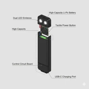 Technical diagram showing the internal battery and LED components of a flat edc flashlight.