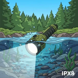 A durable, waterproof survival light glowing brightly while submerged in a stream to demonstrate IPX8 rating.