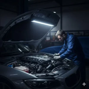 A mechanic using a specialized underhood work light as part of his automotive shop lights setup.