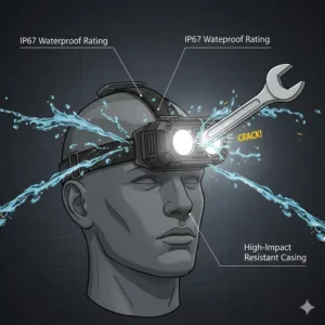 An impact-resistant and waterproof mechanics headlamp being tested in a rugged workshop environment.