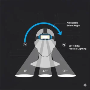 Diagram showing the 90-degree adjustable beam angle of a mechanics headlamp for precise lighting.