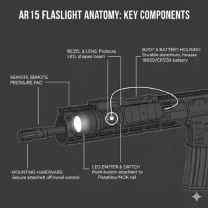 A technical diagram showing the internal and external parts of the best ar15 flashlight.