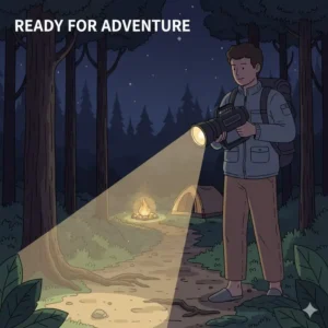 Illustration 4: A person hiking in the woods at night using the best d battery flashlight to light the path.