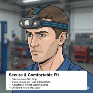 Close-up of the non-slip silicone strap found on the best headlamp for mechanics for a secure fit on hard hats.