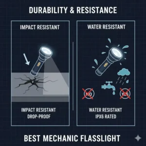 A durability diagram showcasing the impact and water resistance of the best mechanic flashlight.