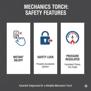 Icons representing the critical safety mechanisms built into the best mechanics torch.