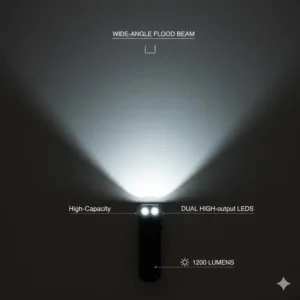 Graphic showing the wide-angle flood beam pattern of a modern flat edc flashlight.