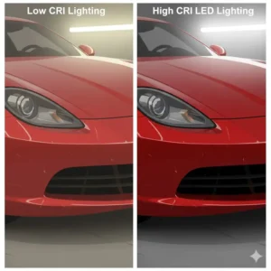 High CRI automotive shop lights showing accurate paint color and surface details on a red vehicle.