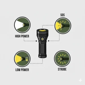 An infographic showing different lighting modes of a survival light, including strobe, SOS, and low-power settings.