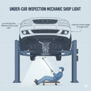 A slim design of mechanic shop lights used for under-car inspection on a lift.