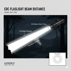 Diagram showing the long beam distance and throw of a rechargeable edc flashlight.