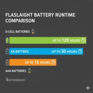Infographic showing the extended battery life and runtime of the best d battery led flashlight.