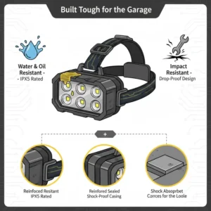 Illustration highlighting the waterproof and impact-resistant build of the best headlamp for mechanics in oily environments.
