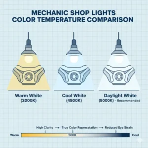Comparison chart of different color temperatures for mechanic shop lights from warm to daylight