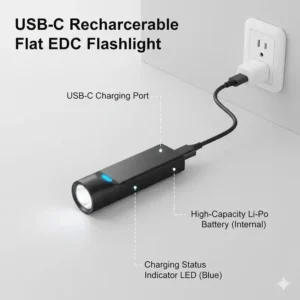 Close-up illustration of the USB-C charging port on a rechargeable flat edc flashlight.