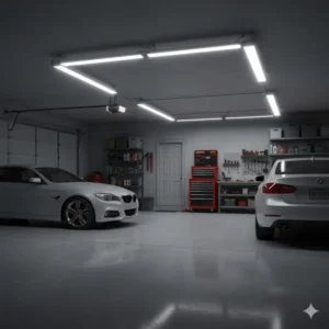 A series of linkable LED automotive shop lights connected together for full garage coverage.