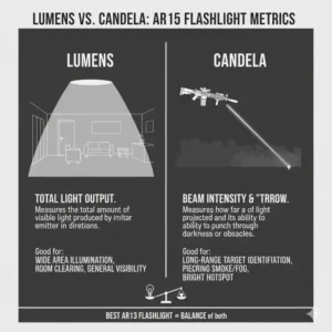 Educational infographic explaining lumens and candela metrics for the best ar15 flashlight.