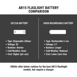 Visual comparison of CR123A and 18650 battery options for the best ar15 flashlight.