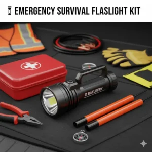 The best d battery led flashlight stored inside an emergency survival and roadside safety kit.