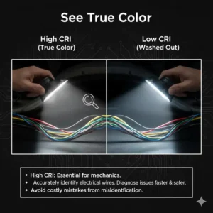 Visual comparison of how a high CRI light in the best headlamp for mechanics helps identify colored electrical wires.