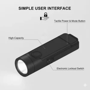Top view illustration of the power buttons and interface on a flat edc flashlight.