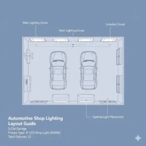 A technical diagram illustrating the optimal placement for automotive shop lights in a two-car garage.