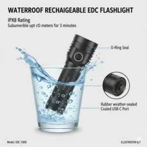 A rechargeable edc flashlight being tested for IPX8 waterproof resistance in water.