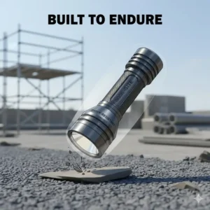 Illustration 7: A durability test photo showing the best d battery flashlight resisting impact on a construction site.