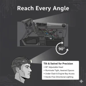 Diagram showing the 90-degree tilting head of the best headlamp for mechanics for illuminating under-dash repairs.