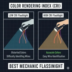 Illustration demonstrating how the best mechanic flashlight with high CRI accurately reveals wire colors.