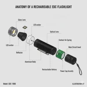 Labeled components diagram showing the internal parts of a rechargeable edc flashlight.