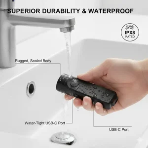 Illustration of a flat edc flashlight being splashed with water to show durability.