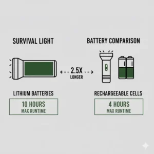 A comparison chart showing the runtime of a survival light using lithium batteries versus rechargeable cells.