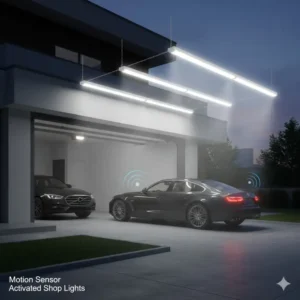 Smart motion sensor activated automotive shop lights turning on automatically in a residential garage.