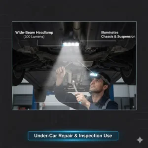 Mechanic performing an under-car inspection and chassis repair using a wide-beam mechanics headlamp.