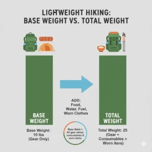 An informative diagram comparing base weight and total pack weight to help enthusiasts understand the concept of hiking light.