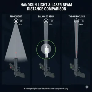 Comparison chart showing beam distance and throw of the best handgun light laser combo.