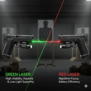 Comparison of red and green beams for the best laser light combo for pistol visibility in different lighting.