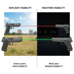 Comparison chart between green and red lasers to find the best laser light combo for daylight visibility.