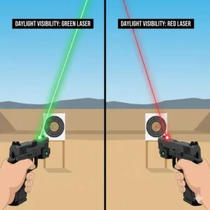 Comparison chart showing why green lasers are often considered the best laser sight for daytime visibility compared to red.