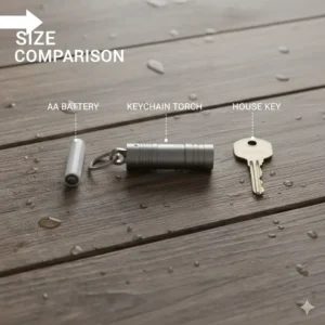 A size comparison of the best keychain torch next to a standard AA battery and a house key.