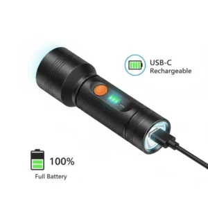 A technical drawing of a modern hiking flashlight with a USB-C charging port and battery indicator.