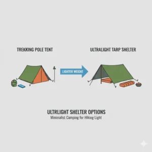 A visual guide of minimalist trekking pole tents and ultralight tarp setups suitable for hiking light in the wilderness.